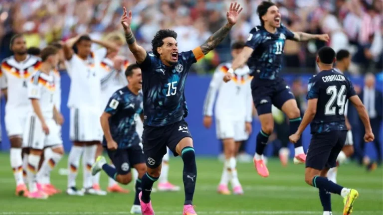 Paraguay players celebrate their historic victory over Germany after winning a dramatic penalty shootout to advance to the last 16 of the 2026 FIFA World Cup, completing one of the biggest upsets in the tournament’s history. Photo: FIFA