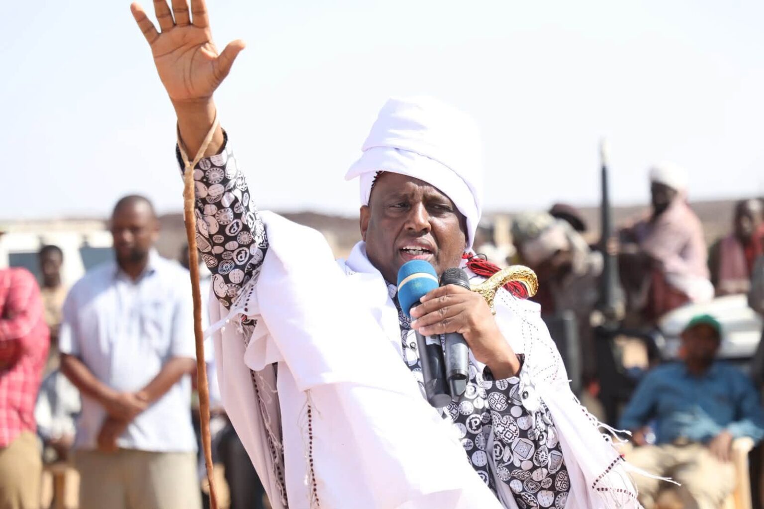 Marsabit Governor Mohamed Mohamud Ali addresses participants during the historic Algana-Karayu cultural reunion at Yaa Algana in North Horr, where he reaffirmed his commitment to strengthening peace, unity and social cohesion across the county. Photo (Handout)