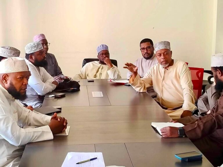Officials from SUPKEM, the Department of Immigration, the Pwani Association of Hajj and Umrah Agents and licensed operators during a media briefing in Mombasa on preparations for the 2027/1448H Hajj season. Photo. Handout