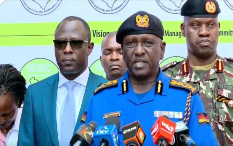 Inspector General of Police Douglas Kanja addresses the media during an Independent Electoral and Boundaries Commission (IEBC) briefing on security preparedness for the Ol Kalou by-election, where he announced the deployment of more than 1,000 police officers to safeguard the electoral process. Photo/NPS.